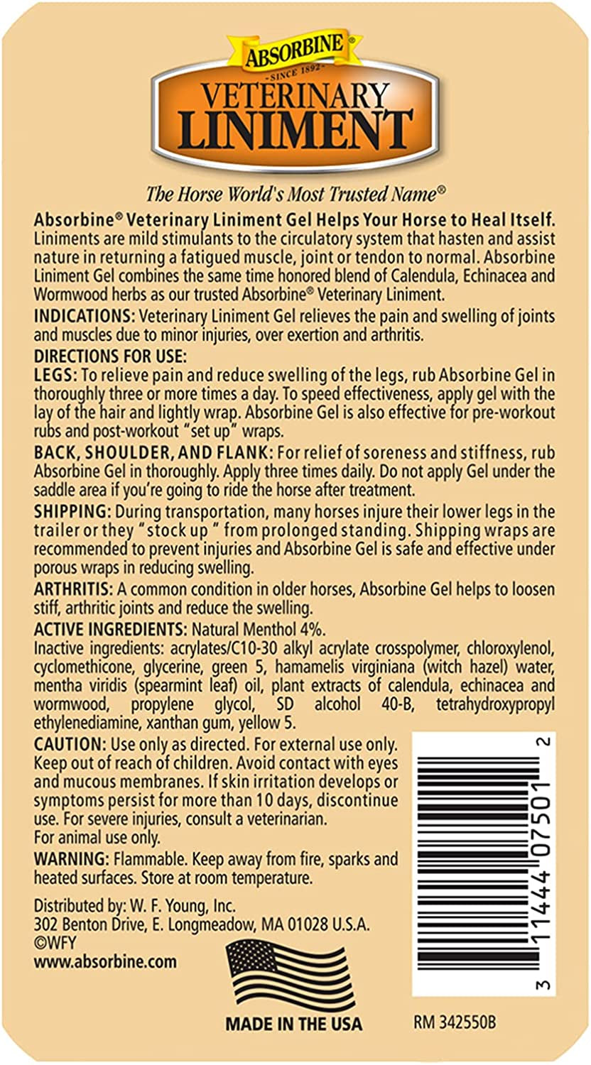 Absorbine Veterinary Liniment Topical Analgesic Sore Muscle and Arthritis Pain Relief Warming Liniment Rub, 12 Ounce Gel