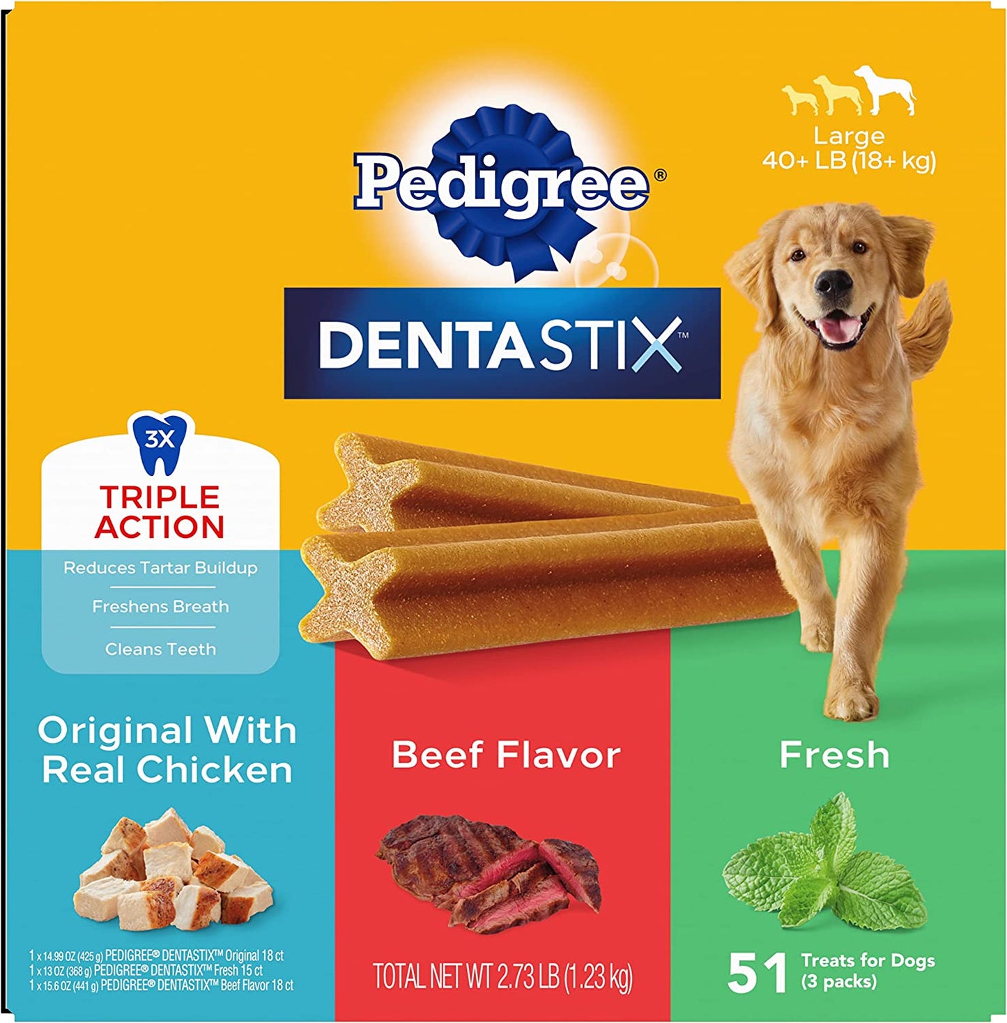 PEDIGREE DENTASTIX Large Dog Dental Care Treats Original, Beef & Fresh Variety Pack, 2.73 Lb.Pack (51 Treats)