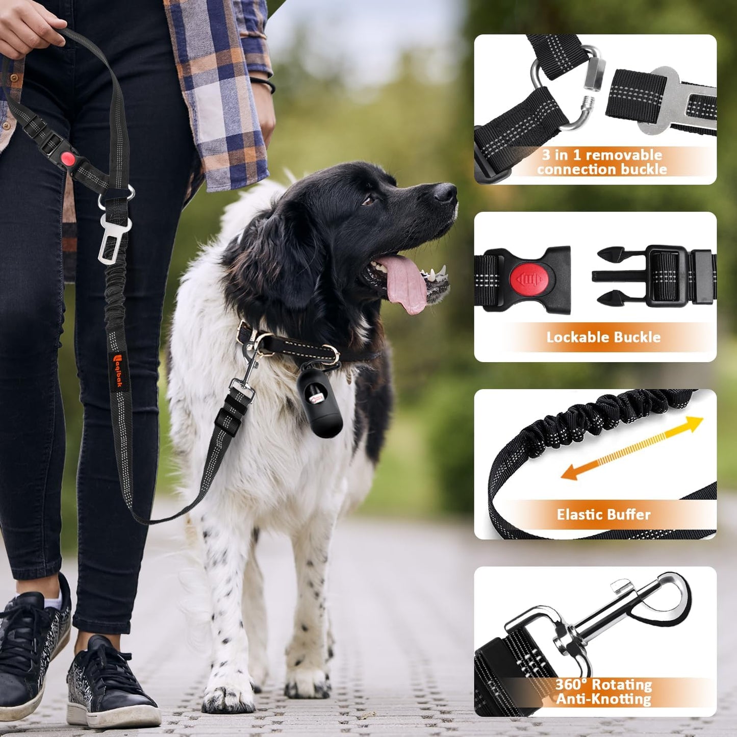 Removable Dog Seat Belt Harness for Car, 3 in 1 Pet Dog Car Seatbelt Leash, Retractable Restraint Secures to Vehicle Headrest & Adjustable Reflective Bungee Dog Seatbelt Tether with Poop Bag Holder