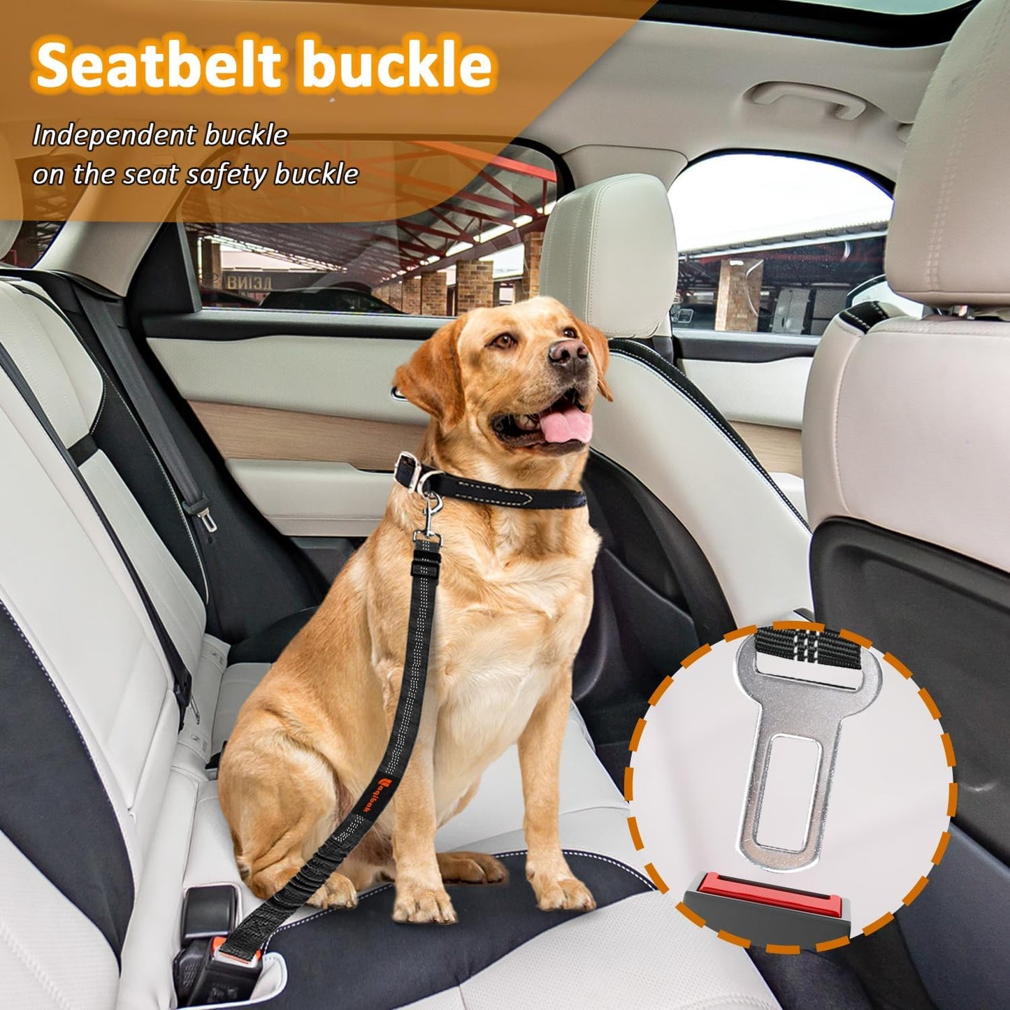 Removable Dog Seat Belt Harness for Car, 3 in 1 Pet Dog Car Seatbelt Leash, Retractable Restraint Secures to Vehicle Headrest & Adjustable Reflective Bungee Dog Seatbelt Tether with Poop Bag Holder