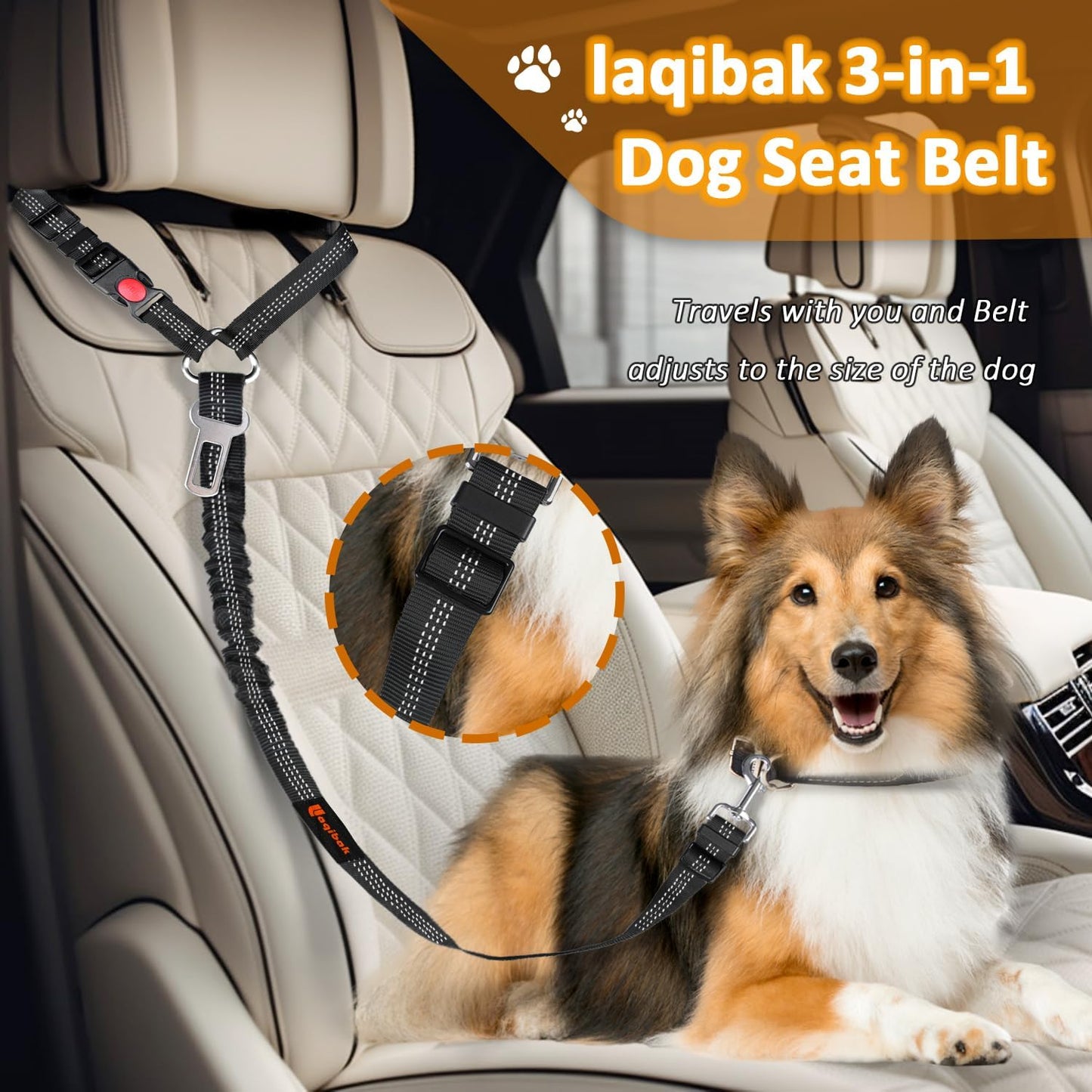 Removable Dog Seat Belt Harness for Car, 3 in 1 Pet Dog Car Seatbelt Leash, Retractable Restraint Secures to Vehicle Headrest & Adjustable Reflective Bungee Dog Seatbelt Tether with Poop Bag Holder