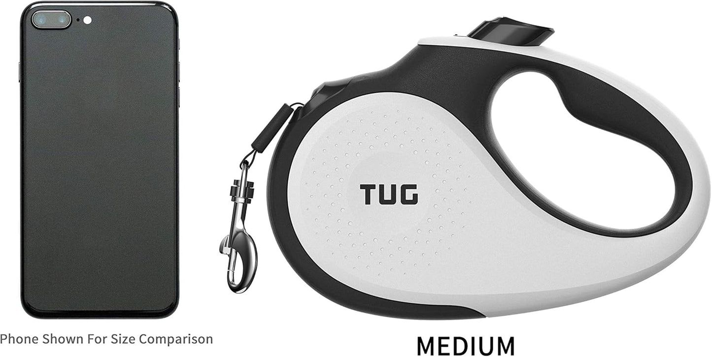 TUG 360° Tangle-Free Retractable Dog Leash | 16 Ft Strong Nylon Tape | One-Handed Brake, Pause, Lock (Medium, White)