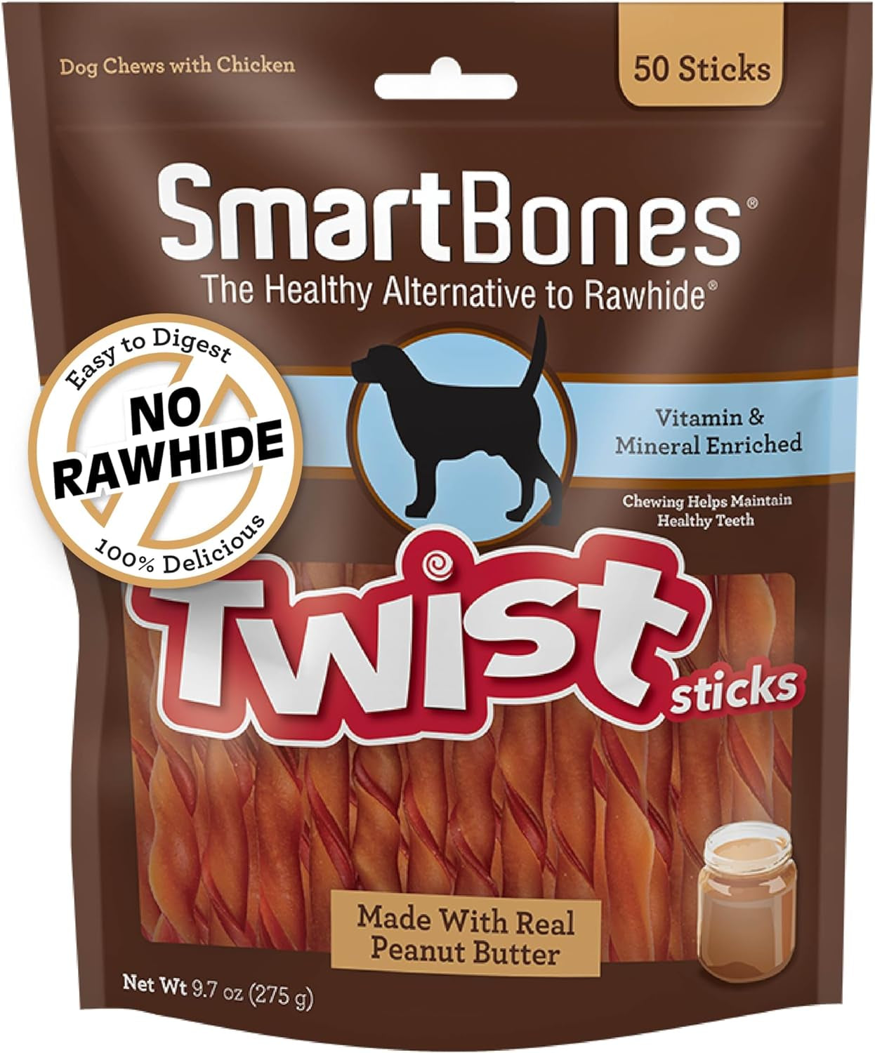 Smart Twist Sticks with Peanut Butter 50 Count, Rawhide-Free Chews for Dogs, SBTT-02943, 50-Count