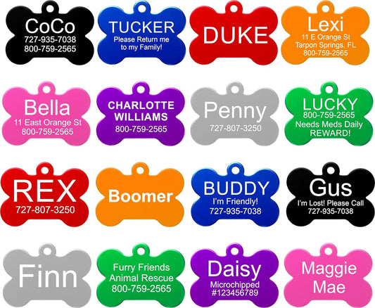 Providence Engraving Pet ID Tags in 8 Shapes, 8 Colors, and Two Sizes - Personalized Dog and Cat Tags with 4 Lines of Customizable Text