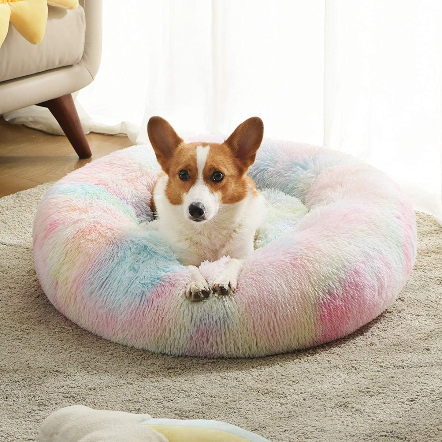 WESTERN HOME WH Calming Dog Bed & Cat Bed, Anti-Anxiety Donut Dog Cuddler Bed, Warming Cozy Soft Dog round Bed, Fluffy Faux Fur Plush Dog Cat Cushion Bed for Small Medium Dogs and Cats