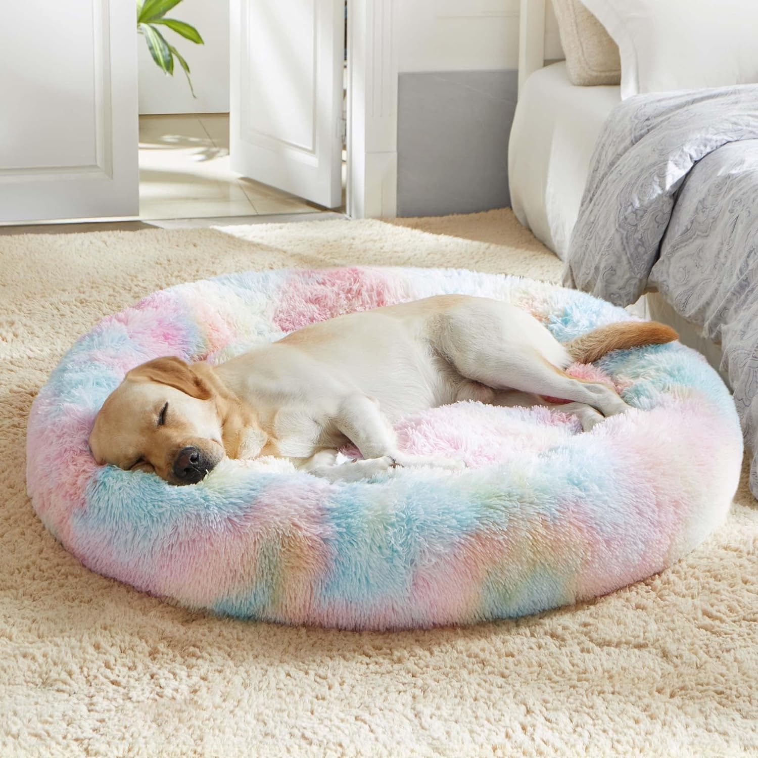 WESTERN HOME WH Calming Dog Bed & Cat Bed, Anti-Anxiety Donut Dog Cuddler Bed, Warming Cozy Soft Dog round Bed, Fluffy Faux Fur Plush Dog Cat Cushion Bed for Small Medium Dogs and Cats