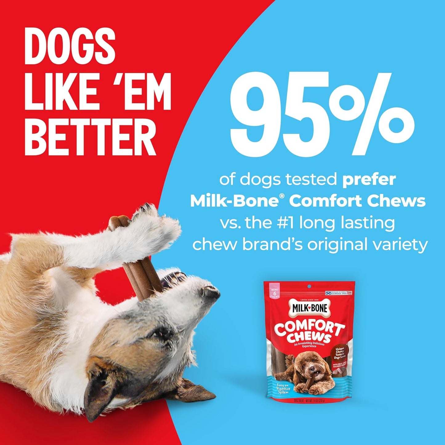 Comfort Chews, Rawhide Free Dog Treats with Unique Chewy Texture and Real Beef, 16 Chews, Easy on Digestive System