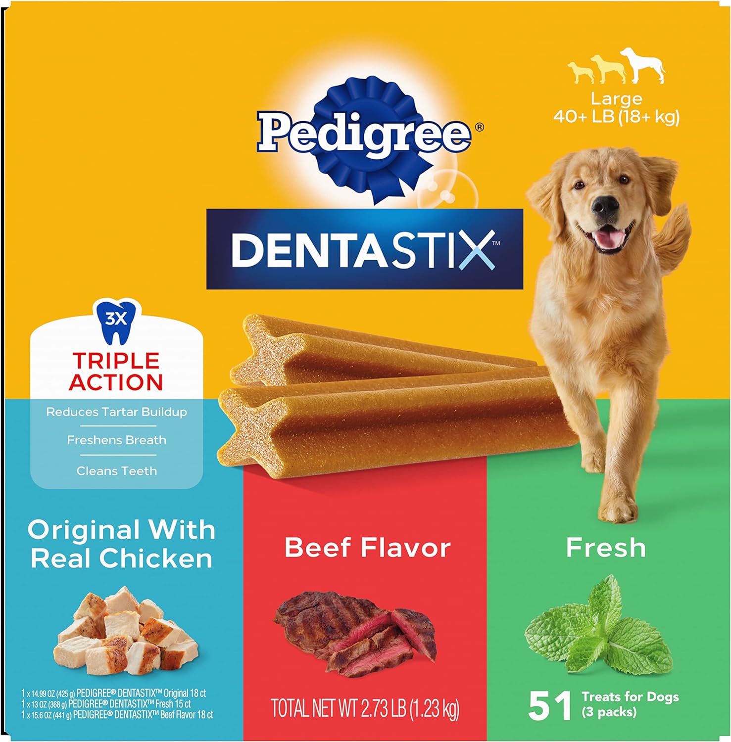 PEDIGREE DENTASTIX Large Dog Dental Care Treats Original, Beef & Fresh Variety Pack, 2.73 Lb.Pack (51 Treats)