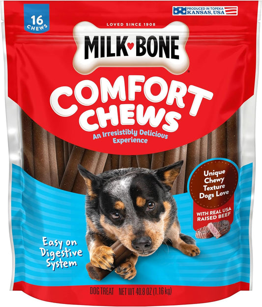 Comfort Chews, Rawhide Free Dog Treats with Unique Chewy Texture and Real Beef, 16 Chews, Easy on Digestive System