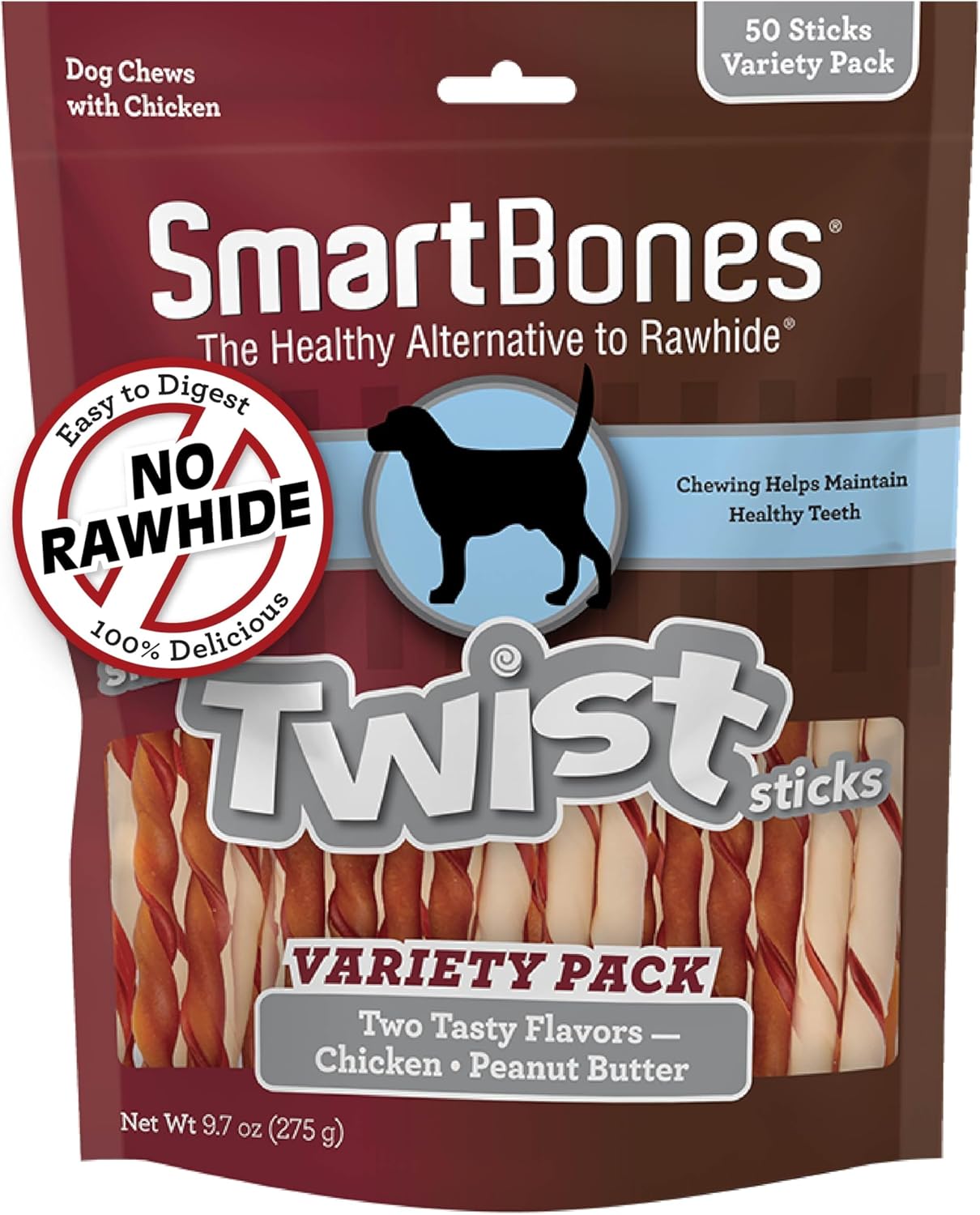 Smart Twist Sticks with Peanut Butter 50 Count, Rawhide-Free Chews for Dogs, SBTT-02943, 50-Count