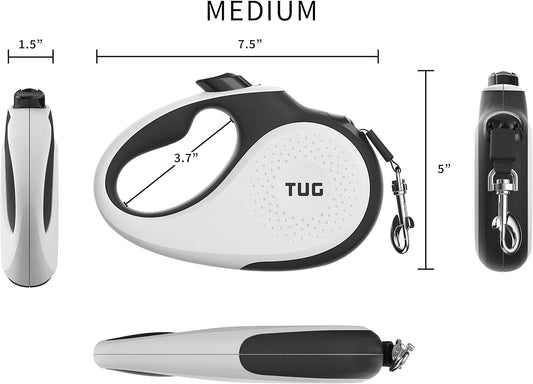 TUG 360° Tangle-Free Retractable Dog Leash | 16 Ft Strong Nylon Tape | One-Handed Brake, Pause, Lock (Medium, White)