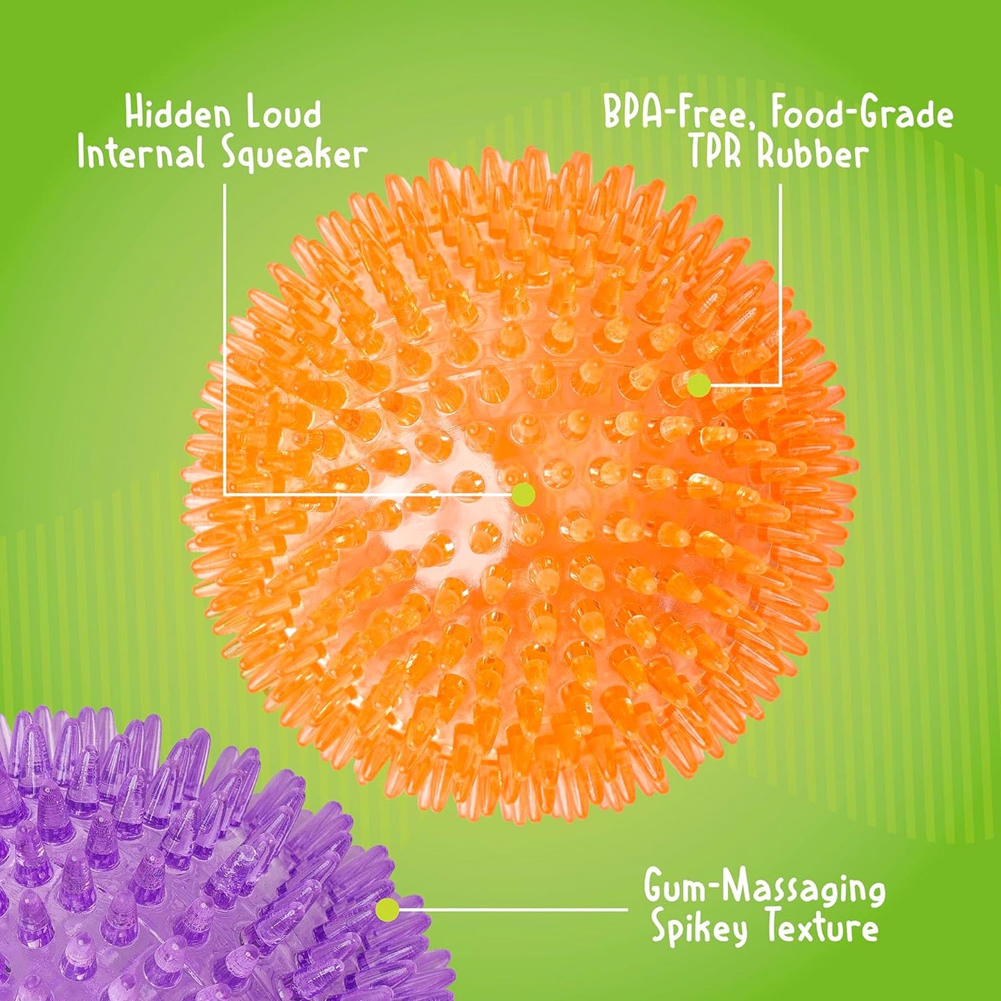 Spiky Squeaker Ball Dog Toy - Extra Large, Dental and Gum Health Benefits, Assorted Colors, 4.5"