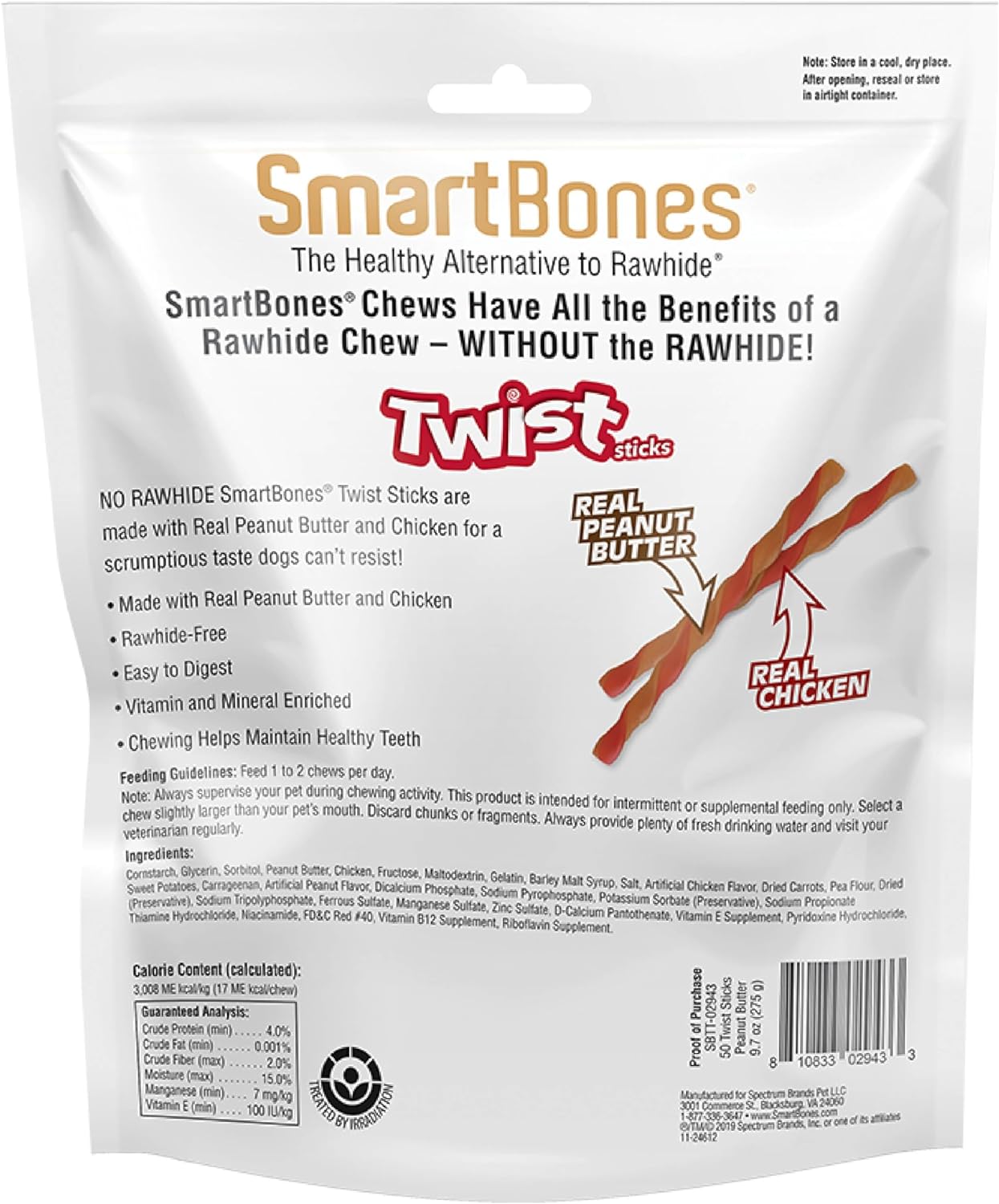 Smart Twist Sticks with Peanut Butter 50 Count, Rawhide-Free Chews for Dogs, SBTT-02943, 50-Count