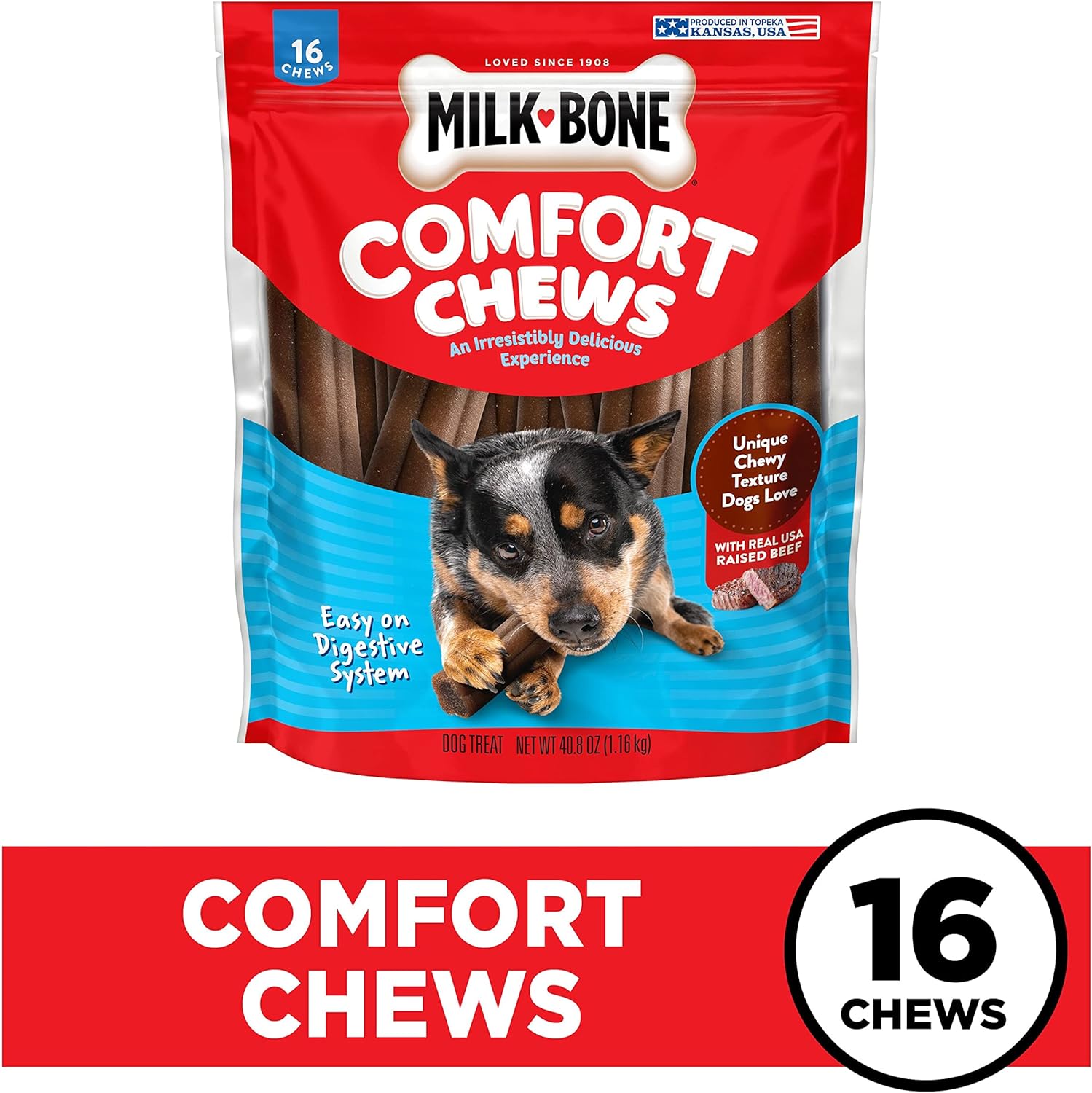 Comfort Chews, Rawhide Free Dog Treats with Unique Chewy Texture and Real Beef, 16 Chews, Easy on Digestive System