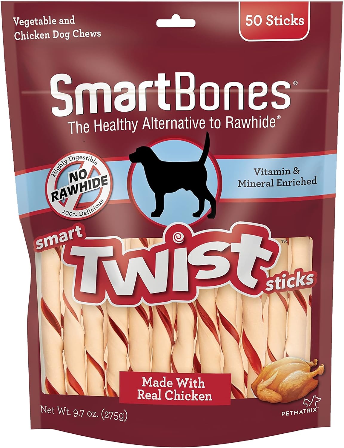 Smart Twist Sticks with Peanut Butter 50 Count, Rawhide-Free Chews for Dogs, SBTT-02943, 50-Count