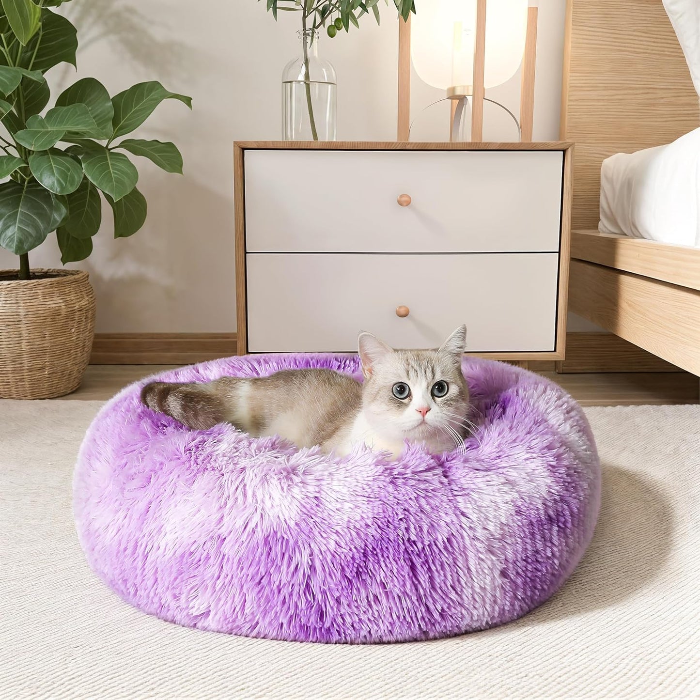 WESTERN HOME WH Calming Dog Bed & Cat Bed, Anti-Anxiety Donut Dog Cuddler Bed, Warming Cozy Soft Dog round Bed, Fluffy Faux Fur Plush Dog Cat Cushion Bed for Small Medium Dogs and Cats