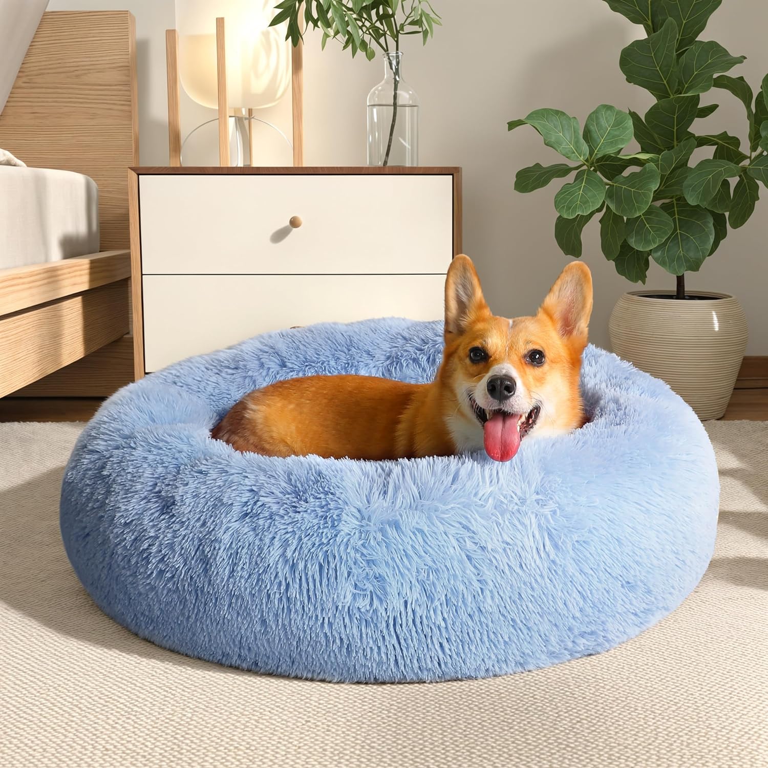 WESTERN HOME WH Calming Dog Bed & Cat Bed, Anti-Anxiety Donut Dog Cuddler Bed, Warming Cozy Soft Dog round Bed, Fluffy Faux Fur Plush Dog Cat Cushion Bed for Small Medium Dogs and Cats