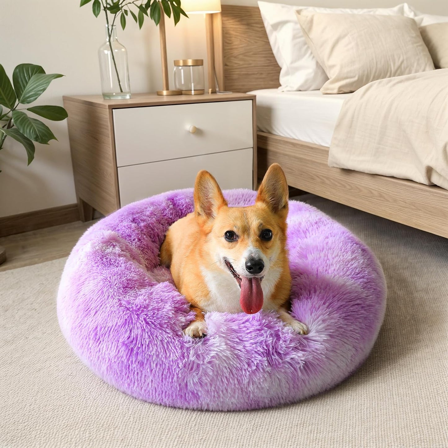 WESTERN HOME WH Calming Dog Bed & Cat Bed, Anti-Anxiety Donut Dog Cuddler Bed, Warming Cozy Soft Dog round Bed, Fluffy Faux Fur Plush Dog Cat Cushion Bed for Small Medium Dogs and Cats