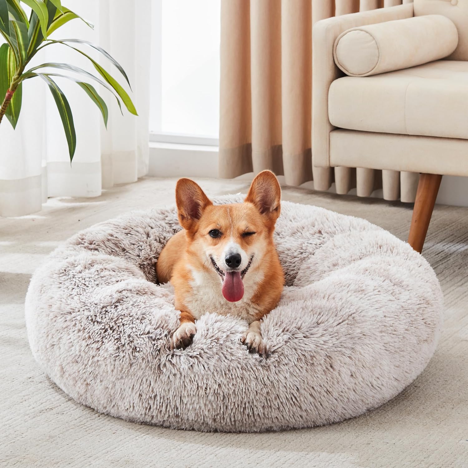 WESTERN HOME WH Calming Dog Bed & Cat Bed, Anti-Anxiety Donut Dog Cuddler Bed, Warming Cozy Soft Dog round Bed, Fluffy Faux Fur Plush Dog Cat Cushion Bed for Small Medium Dogs and Cats