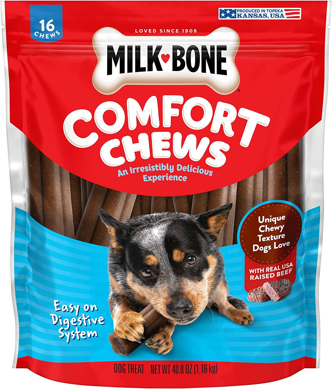 Comfort Chews, Rawhide Free Dog Treats with Unique Chewy Texture and Real Beef, 16 Chews, Easy on Digestive System